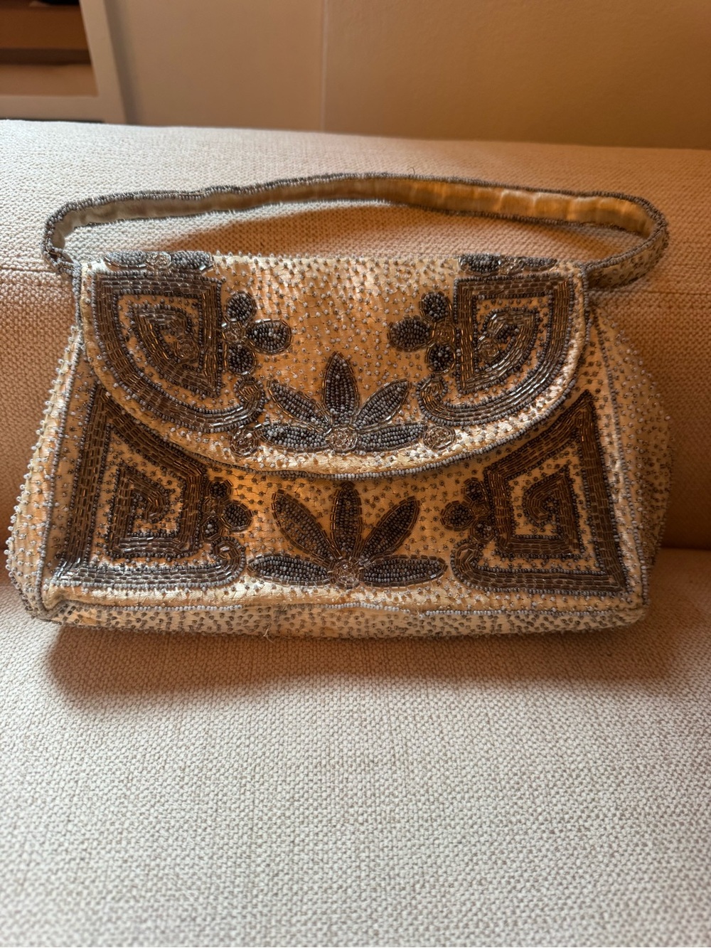Vintage Beaded Ivory Evening Clutch with Silver Embroidery